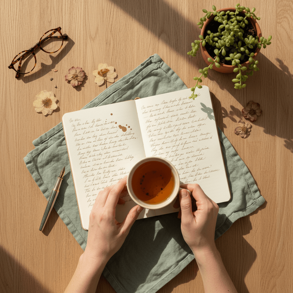 Journaling and tea ritual in contemplative space