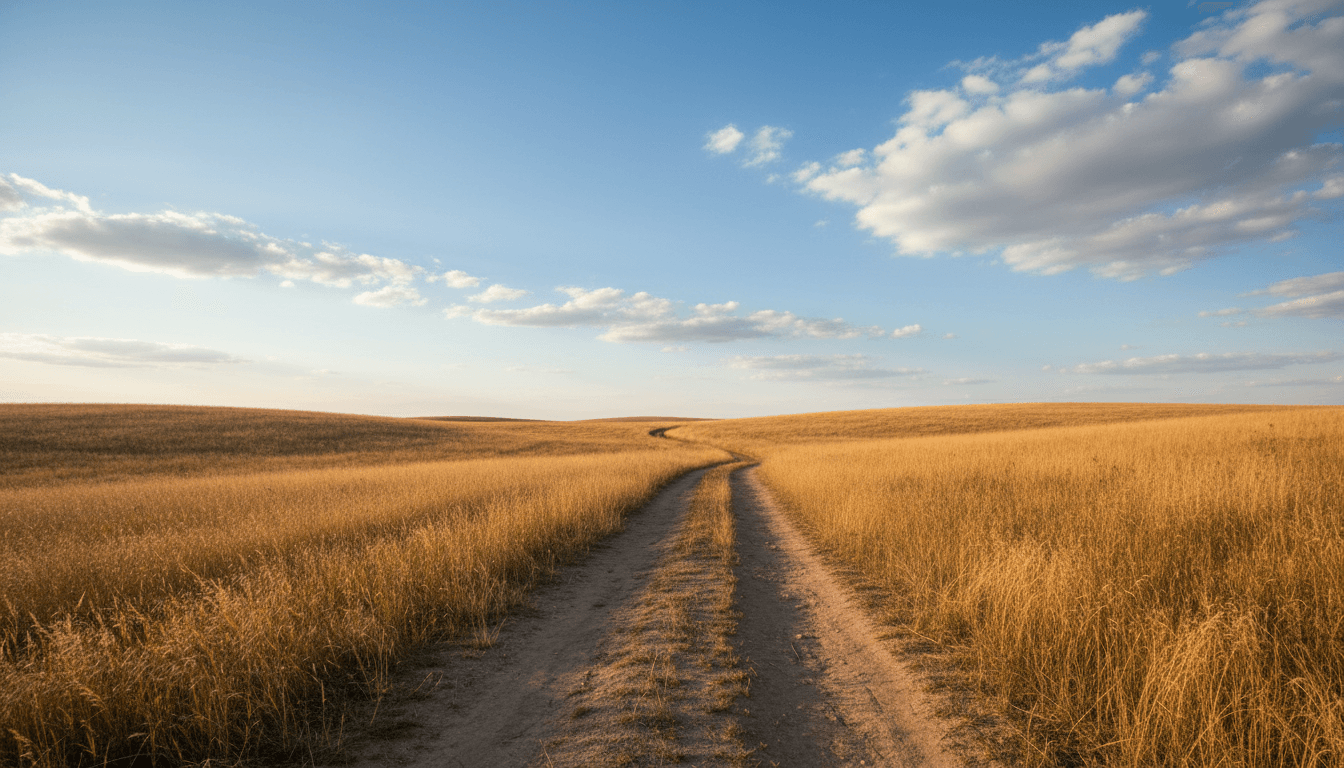 Sunlit dirt path through dry fields under a blue sky with white clouds.