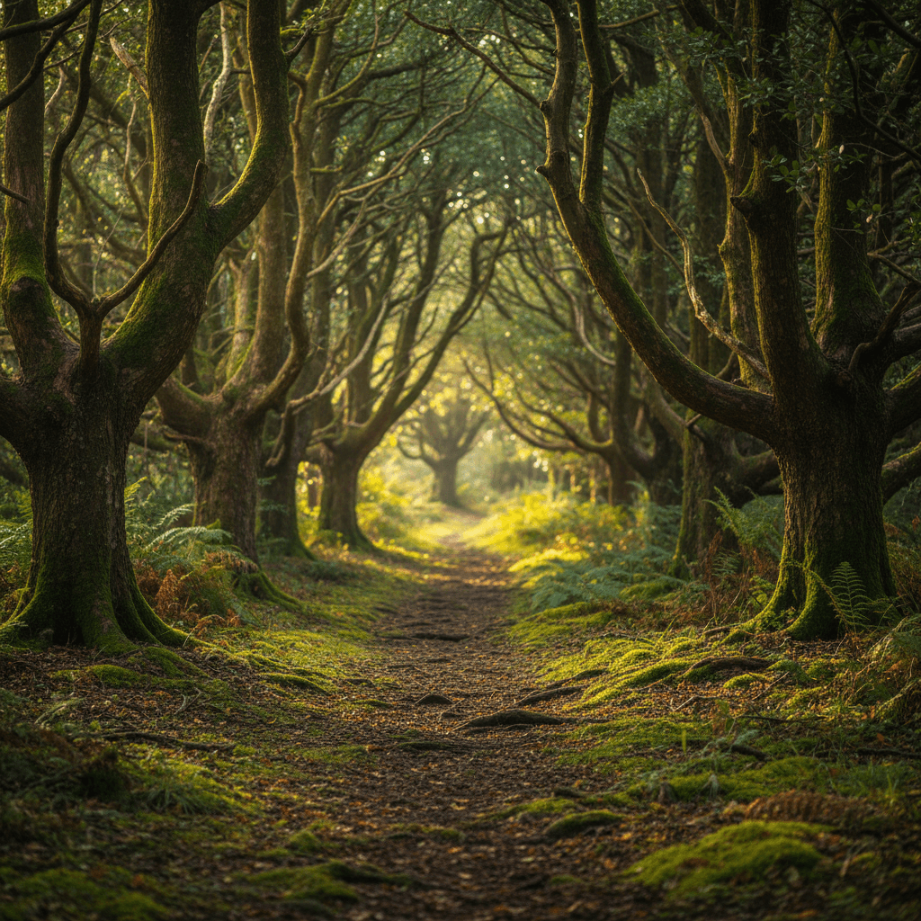 Forest path through mature woodland